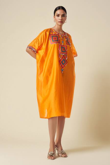 Buy Gulabo By Abu Sandeep Orange Chanderi Embroidery Round Neck Ikat Applique Abla Kaftan Online at Aza Fashions Buy_Gulabo By Abu Sandeep_Orange Chanderi Embroidery Round Neck Ikat Applique Abla Kaftan _Online_at_Aza_Fashions