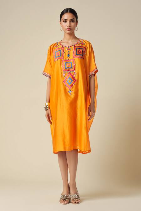 Shop Gulabo By Abu Sandeep Orange Chanderi Embroidery Round Neck Ikat Applique Abla Kaftan Online at Aza Fashions Shop_Gulabo By Abu Sandeep_Orange Chanderi Embroidery Round Neck Ikat Applique Abla Kaftan _Online_at_Aza_Fashions