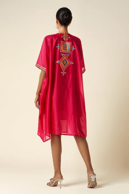 Shop Gulabo By Abu Sandeep Pink Chanderi Mirrors, Gota Patti Round Neck Ikat Embroidered Kaftan at Aza Fashions Shop_Gulabo By Abu Sandeep_Pink Chanderi Mirrors, Gota Patti Round Neck Ikat Embroidered Kaftan _at_Aza_Fashions