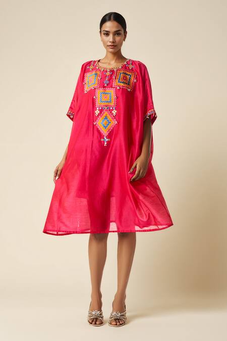 Gulabo By Abu Sandeep Pink Chanderi Mirrors, Gota Patti Round Neck Ikat Embroidered Kaftan Online at Aza Fashions Gulabo By Abu Sandeep_Pink Chanderi Mirrors, Gota Patti Round Neck Ikat Embroidered Kaftan _Online_at_Aza_Fashions