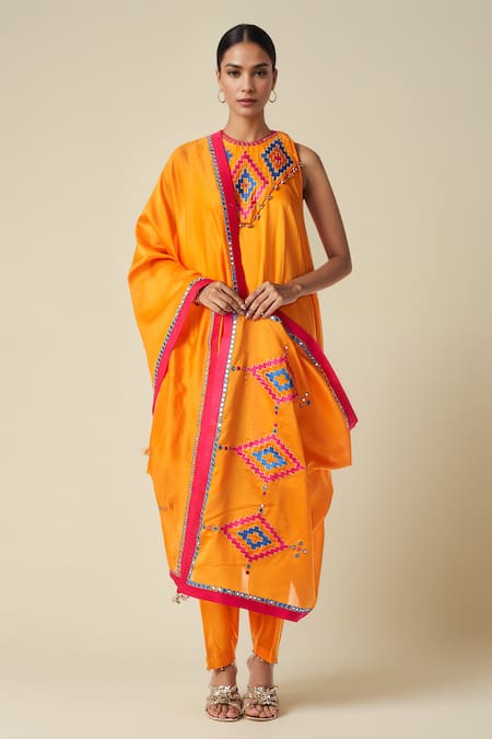 Gulabo By Abu Sandeep_Orange Chanderi Mirrors Round Neck Ikat Applique A-line Kurta _Online_at_Aza_Fashions