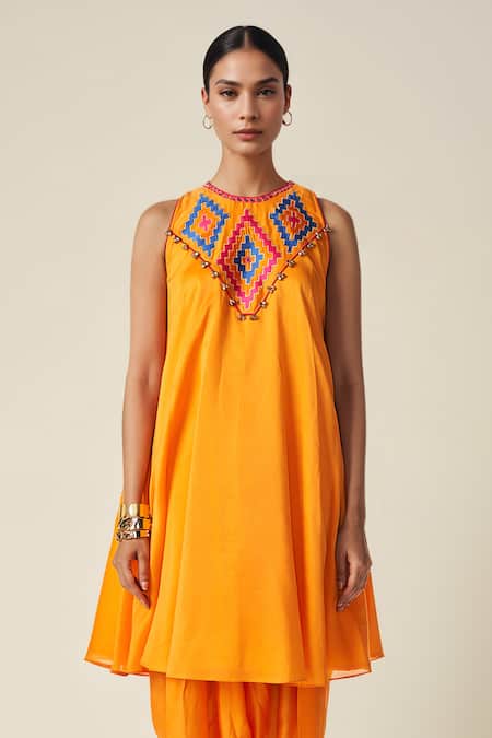 Buy_Gulabo By Abu Sandeep_Orange Chanderi Mirrors Round Neck Ikat Applique A-line Kurta _Online_at_Aza_Fashions