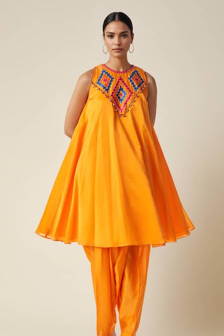 Shop_Gulabo By Abu Sandeep_Orange Chanderi Mirrors Round Neck Ikat Applique A-line Kurta _Online_at_Aza_Fashions
