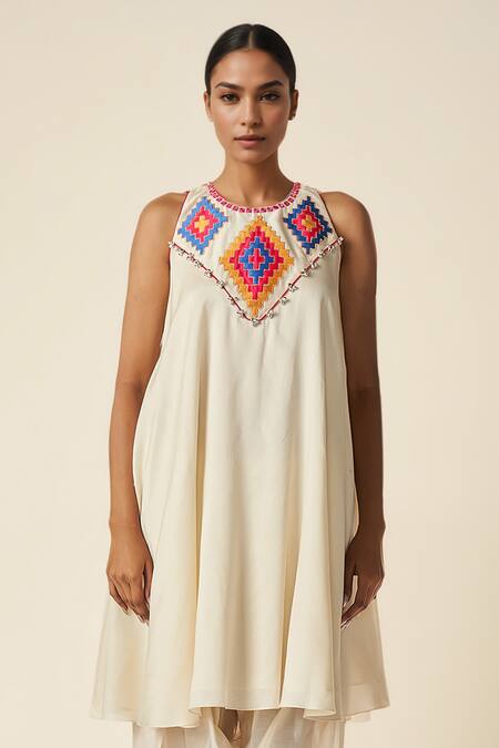 Gulabo By Abu Sandeep Off White Chanderi Mirrors, Embroidery Round Neck Ikat Applique A-line Kurta Online at Aza Fashions Gulabo By Abu Sandeep_Off White Chanderi Mirrors, Embroidery Round Neck Ikat Applique A-line Kurta _Online_at_Aza_Fashions