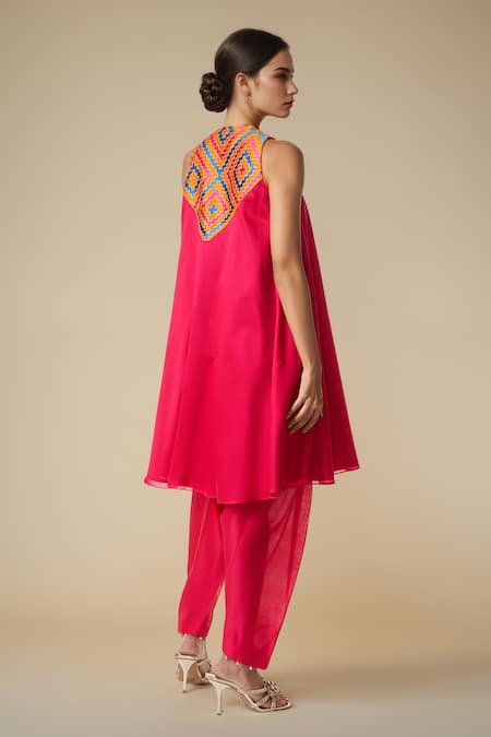 Shop Gulabo By Abu Sandeep Pink Chanderi Round Neck Ikat Abla Embroidered A-line Kurta at Aza Fashions Shop_Gulabo By Abu Sandeep_Pink Chanderi Round Neck Ikat Abla Embroidered A-line Kurta _at_Aza_Fashions