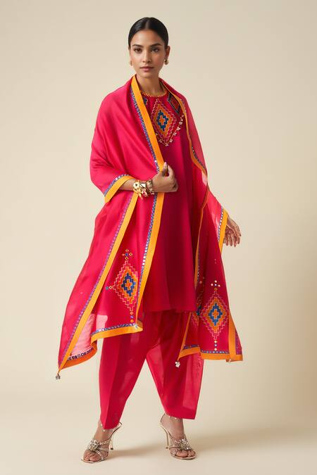 Gulabo By Abu Sandeep Pink Chanderi Round Neck Ikat Abla Embroidered A-line Kurta Online at Aza Fashions Gulabo By Abu Sandeep_Pink Chanderi Round Neck Ikat Abla Embroidered A-line Kurta _Online_at_Aza_Fashions