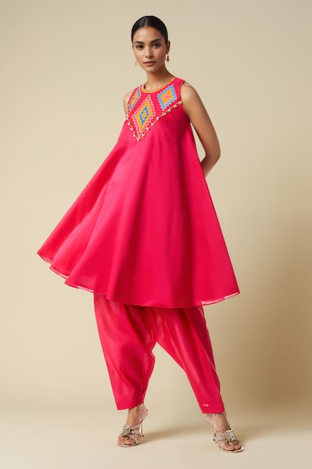 Buy Gulabo By Abu Sandeep Pink Chanderi Round Neck Ikat Abla Embroidered A-line Kurta Online at Aza Fashions Buy_Gulabo By Abu Sandeep_Pink Chanderi Round Neck Ikat Abla Embroidered A-line Kurta _Online_at_Aza_Fashions