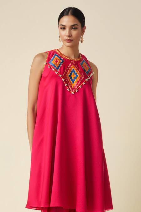 Shop Gulabo By Abu Sandeep Pink Chanderi Round Neck Ikat Abla Embroidered A-line Kurta Online at Aza Fashions Shop_Gulabo By Abu Sandeep_Pink Chanderi Round Neck Ikat Abla Embroidered A-line Kurta _Online_at_Aza_Fashions