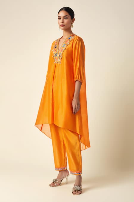 Shop Gulabo By Abu Sandeep Orange Chanderi Mirrors, Embroidery Thread Pant at Aza Fashions Shop_Gulabo By Abu Sandeep_Orange Chanderi Mirrors, Embroidery Thread Pant _at_Aza_Fashions