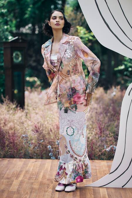Pankaj & Nidhi_Multi Color Organza, Lycra Embroidery, Multicolored Sequin Blazer And Skirt Set _Online_at_Aza_Fashions