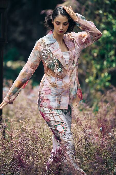 Buy_Pankaj & Nidhi_Multi Color Organza, Lycra Embroidery, Multicolored Sequin Blazer And Skirt Set _Online_at_Aza_Fashions