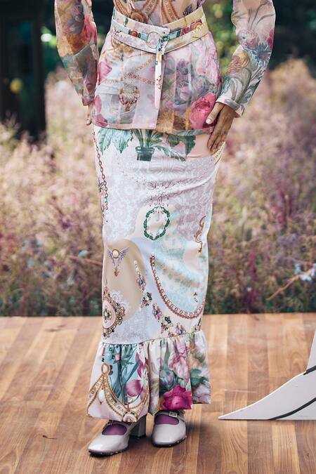 Shop_Pankaj & Nidhi_Multi Color Organza, Lycra Embroidery, Multicolored Sequin Blazer And Skirt Set _Online_at_Aza_Fashions