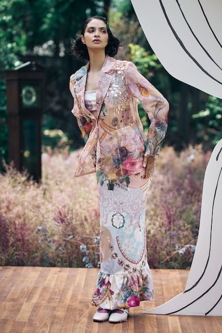 Pankaj & Nidhi Multi Color Lycra Sequins Applique Ruffled Skirt 