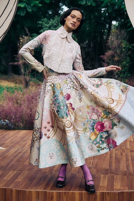 Pankaj & Nidhi Multi Color Cotton Sequins Floral Embellished Midi Skirt 