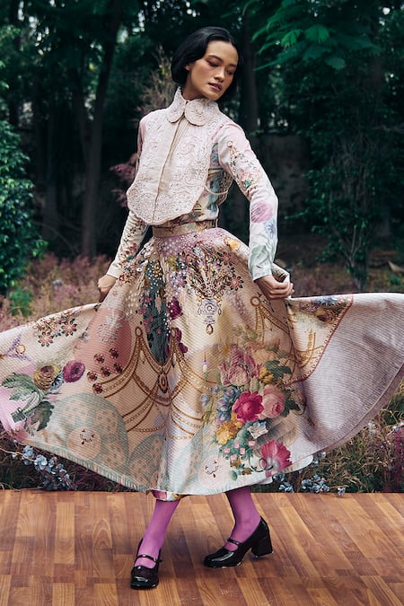 Pankaj & Nidhi_Multi Color Cotton Sequins Floral Embellished Midi Skirt _Online_at_Aza_Fashions