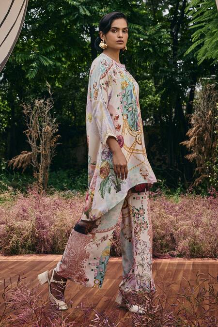 Buy_Pankaj & Nidhi_Multi Color Silk Sequins Round Neck Embellished Tunic _Online_at_Aza_Fashions