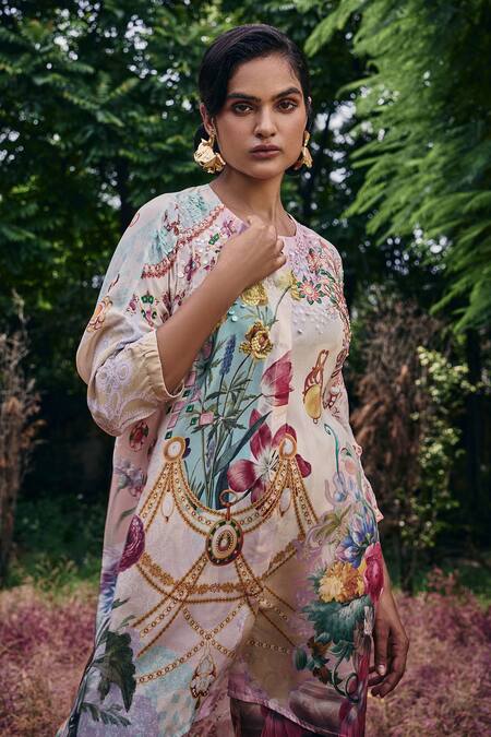 Shop_Pankaj & Nidhi_Multi Color Silk, Crepe Sequins Round Multicolored Embellished Tunic And Pant Set _Online_at_Aza_Fashions