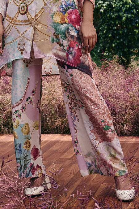 Pankaj & Nidhi Multi Color Silk Floral Pattern High Waist Pant Online at Aza Fashions Pankaj & Nidhi_Multi Color Silk Floral Pattern High Waist Pant _Online_at_Aza_Fashions