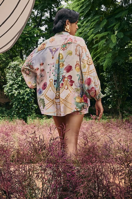 Shop Pankaj & Nidhi Multi Color Silk Sequins Collared Embellished Shirt And Shorts Set at Aza Fashions Shop_Pankaj & Nidhi_Multi Color Silk Sequins Collared Embellished Shirt And Shorts Set _at_Aza_Fashions