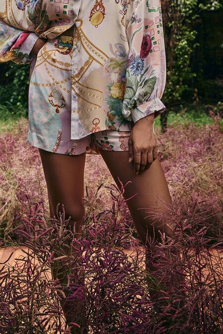 Buy Pankaj & Nidhi Multi Color Silk Sequins Collared Embellished Shirt And Shorts Set Online at Aza Fashions Buy_Pankaj & Nidhi_Multi Color Silk Sequins Collared Embellished Shirt And Shorts Set _Online_at_Aza_Fashions