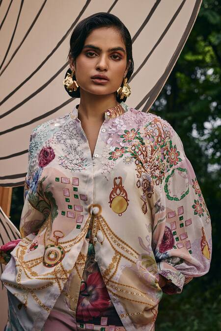 Shop Pankaj & Nidhi Multi Color Silk Sequins Collared Embellished Shirt And Shorts Set Online at Aza Fashions Shop_Pankaj & Nidhi_Multi Color Silk Sequins Collared Embellished Shirt And Shorts Set _Online_at_Aza_Fashions