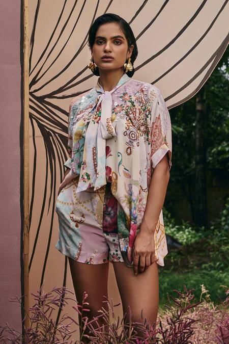 Pankaj & Nidhi_Multi Color Silk, Crepe Sequins, Beads Multicolored Tie-up Embellished Top _Online_at_Aza_Fashions