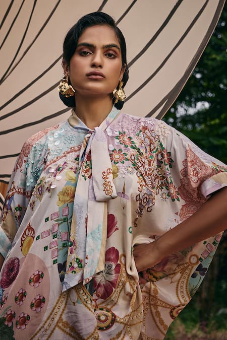 Buy_Pankaj & Nidhi_Multi Color Silk, Crepe Sequins, Beads Multicolored Tie-up Embellished Top _Online_at_Aza_Fashions