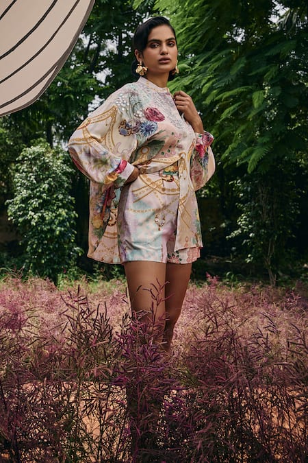 Pankaj & Nidhi Multi Color Silk, Crepe Floral Printed High Waist Shorts 