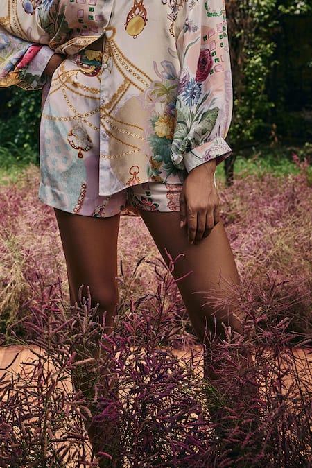 Pankaj & Nidhi Multi Color Silk, Crepe Floral Printed High Waist Shorts Online at Aza Fashions Pankaj & Nidhi_Multi Color Silk, Crepe Floral Printed High Waist Shorts _Online_at_Aza_Fashions