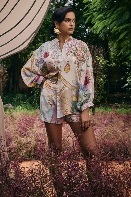 Buy Pankaj & Nidhi Multi Color Silk, Crepe Floral Printed High Waist Shorts Online at Aza Fashions Buy_Pankaj & Nidhi_Multi Color Silk, Crepe Floral Printed High Waist Shorts _Online_at_Aza_Fashions