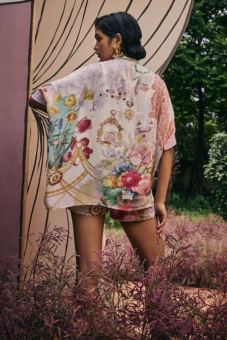 Shop Pankaj & Nidhi Multi Color Silk, Crepe High Waisted Floral Print Shorts at Aza Fashions Shop_Pankaj & Nidhi_Multi Color Silk, Crepe High Waisted Floral Print Shorts _at_Aza_Fashions