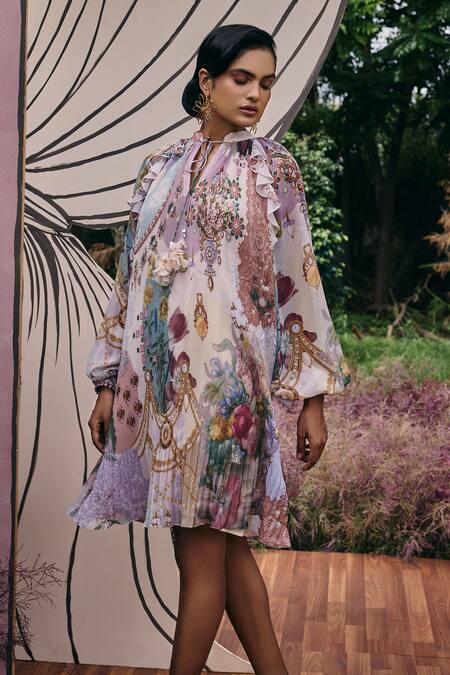 Pankaj & Nidhi_Multi Color Silk, Crepe Ruffles Open Neck Multicolored Tie-up Dress _Online_at_Aza_Fashions