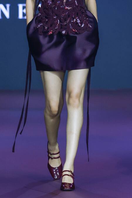 Pankaj & Nidhi_Burgundy Twill Sequins Deep Bordeaux Cocoon Skirt _Online_at_Aza_Fashions