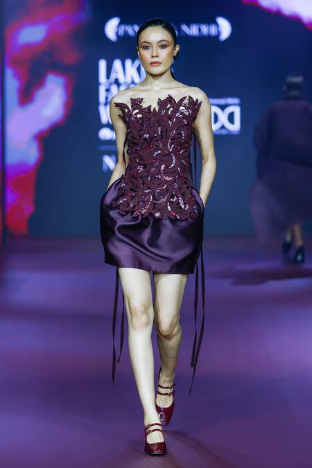 Buy_Pankaj & Nidhi_Burgundy Twill Sequins Deep Bordeaux Cocoon Skirt _Online_at_Aza_Fashions