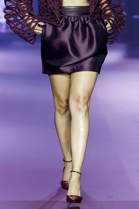 Shop Pankaj & Nidhi Purple Twill Deep Bordeaux Cocoon Skirt Online at Aza Fashions Shop_Pankaj & Nidhi_Purple Twill Deep Bordeaux Cocoon Skirt _Online_at_Aza_Fashions