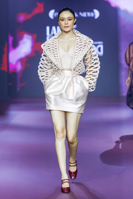 Pankaj & Nidhi_Ivory Twill Cocoon Short Skirt _Online_at_Aza_Fashions