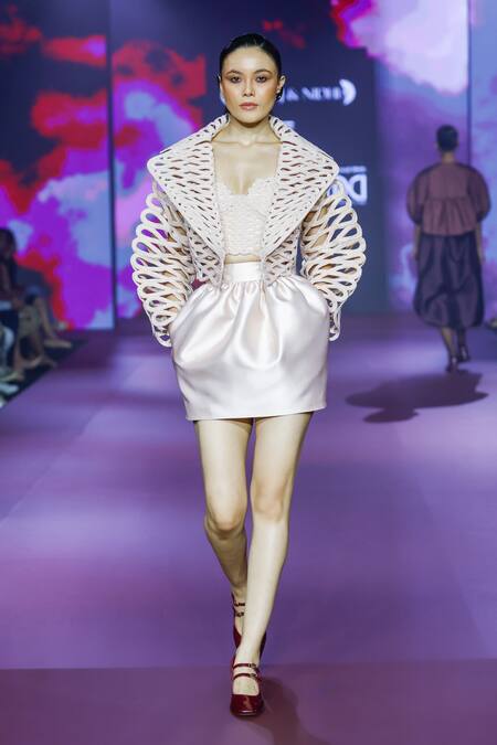 Buy_Pankaj & Nidhi_Ivory Twill Cocoon Short Skirt _Online_at_Aza_Fashions