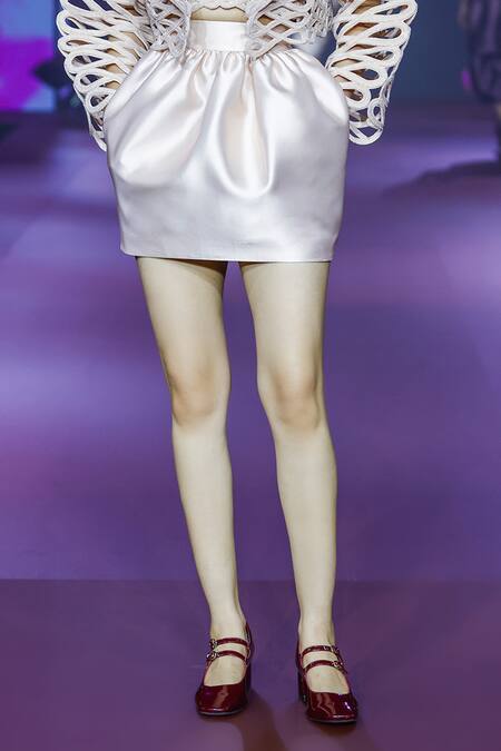 Shop_Pankaj & Nidhi_Ivory Twill Cocoon Short Skirt _Online_at_Aza_Fashions