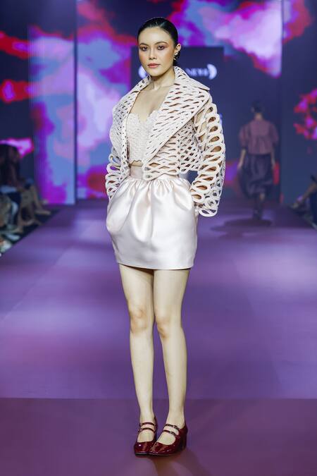 Pankaj & Nidhi_Ivory Twill Cocoon Short Skirt _at_Aza_Fashions