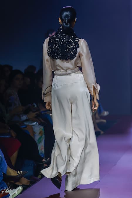 Shop Pankaj & Nidhi Ivory Silk Organza Embroidery Collared Sheer Shirt at Aza Fashions Shop_Pankaj & Nidhi_Ivory Silk Organza Embroidery Collared Sheer Shirt _at_Aza_Fashions