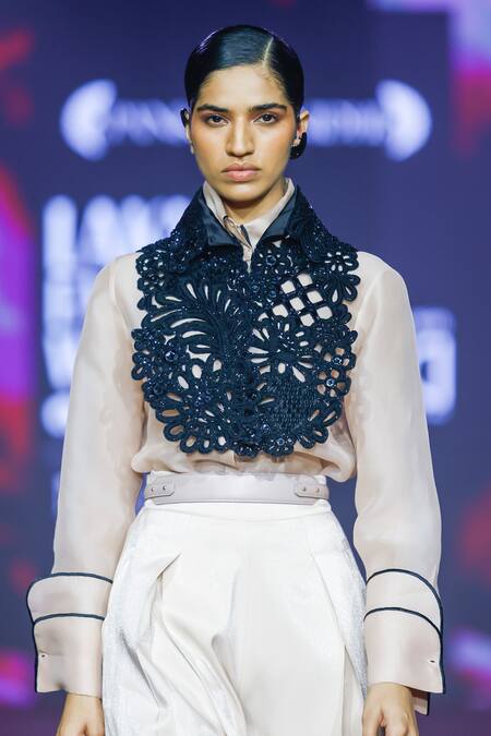 Pankaj & Nidhi Ivory Silk Organza Embroidery Collared Sheer Shirt Online at Aza Fashions Pankaj & Nidhi_Ivory Silk Organza Embroidery Collared Sheer Shirt _Online_at_Aza_Fashions