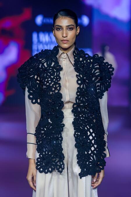 Pankaj & Nidhi_Ivory Silk Organza Collared Full Sleeve Shirt _Online_at_Aza_Fashions