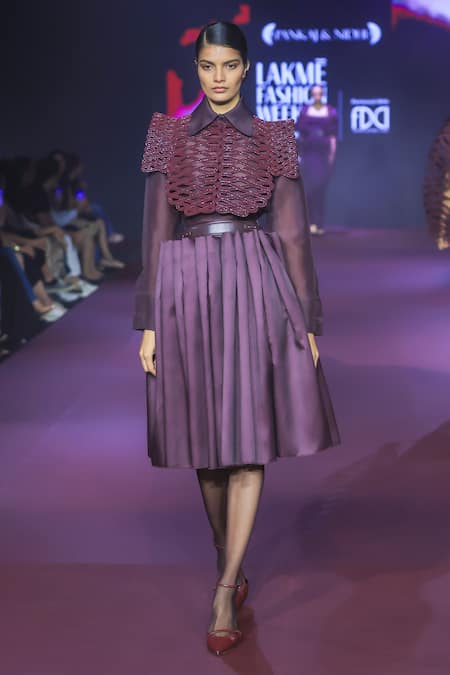 Pankaj & Nidhi Purple Silk Organza Collared Deep Bordeaux Shirt 