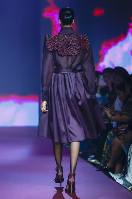 Shop Pankaj & Nidhi Purple Silk Organza Collared Deep Bordeaux Shirt at Aza Fashions Shop_Pankaj & Nidhi_Purple Silk Organza Collared Deep Bordeaux Shirt _at_Aza_Fashions