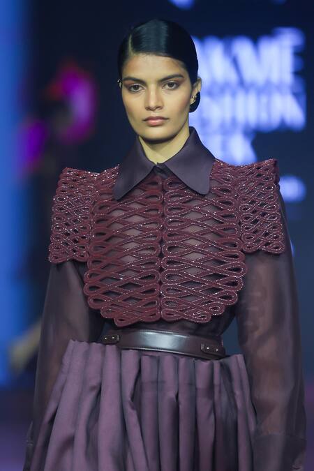 Buy_Pankaj & Nidhi_Purple Silk Organza Collared Deep Bordeaux Shirt _Online_at_Aza_Fashions
