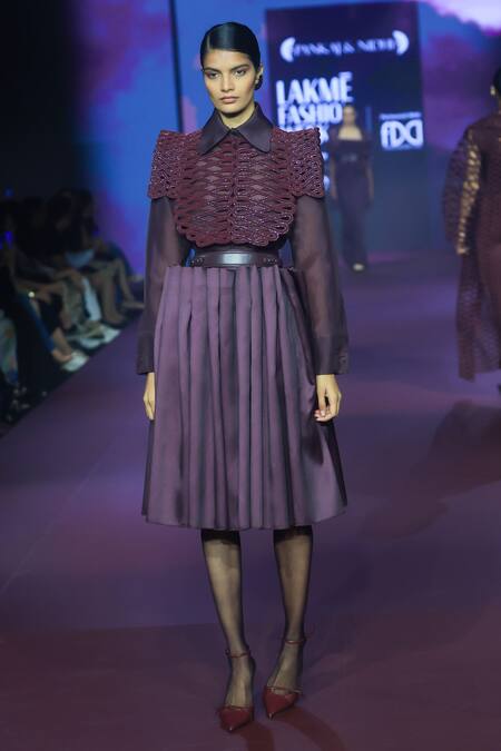 Shop_Pankaj & Nidhi_Purple Silk Organza Collared Deep Bordeaux Shirt _Online_at_Aza_Fashions