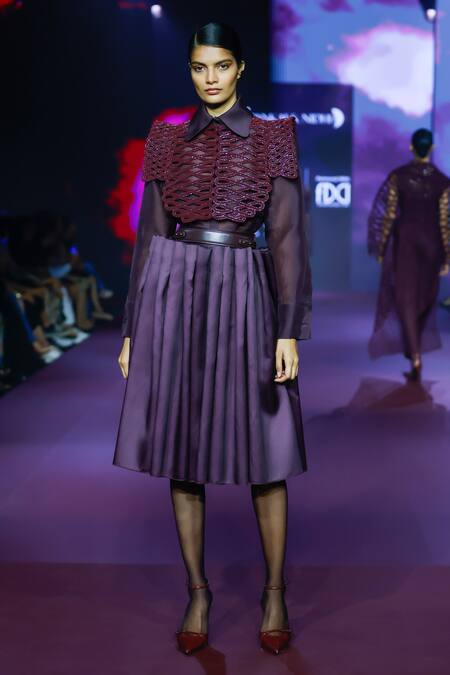 Pankaj & Nidhi Purple Silk Organza Collared Deep Bordeaux Shirt at Aza Fashions Pankaj & Nidhi_Purple Silk Organza Collared Deep Bordeaux Shirt _at_Aza_Fashions