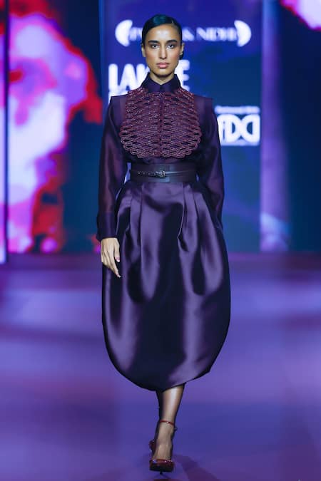 Pankaj & Nidhi Purple Silk Organza Embroidery Collared Deep Bordeaux Shirt 