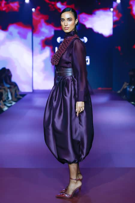 Shop Pankaj & Nidhi Purple Silk Organza Embroidery Collared Deep Bordeaux Shirt at Aza Fashions Shop_Pankaj & Nidhi_Purple Silk Organza Embroidery Collared Deep Bordeaux Shirt _at_Aza_Fashions