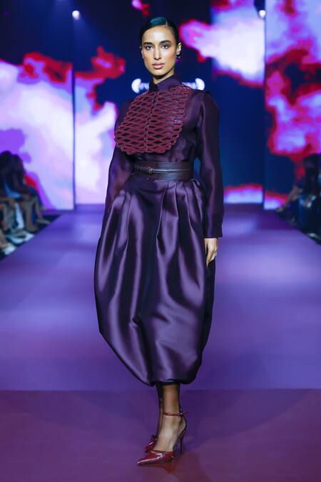 Buy Pankaj & Nidhi Purple Silk Organza Embroidery Collared Deep Bordeaux Shirt Buy_Pankaj & Nidhi_Purple Silk Organza Embroidery Collared Deep Bordeaux Shirt